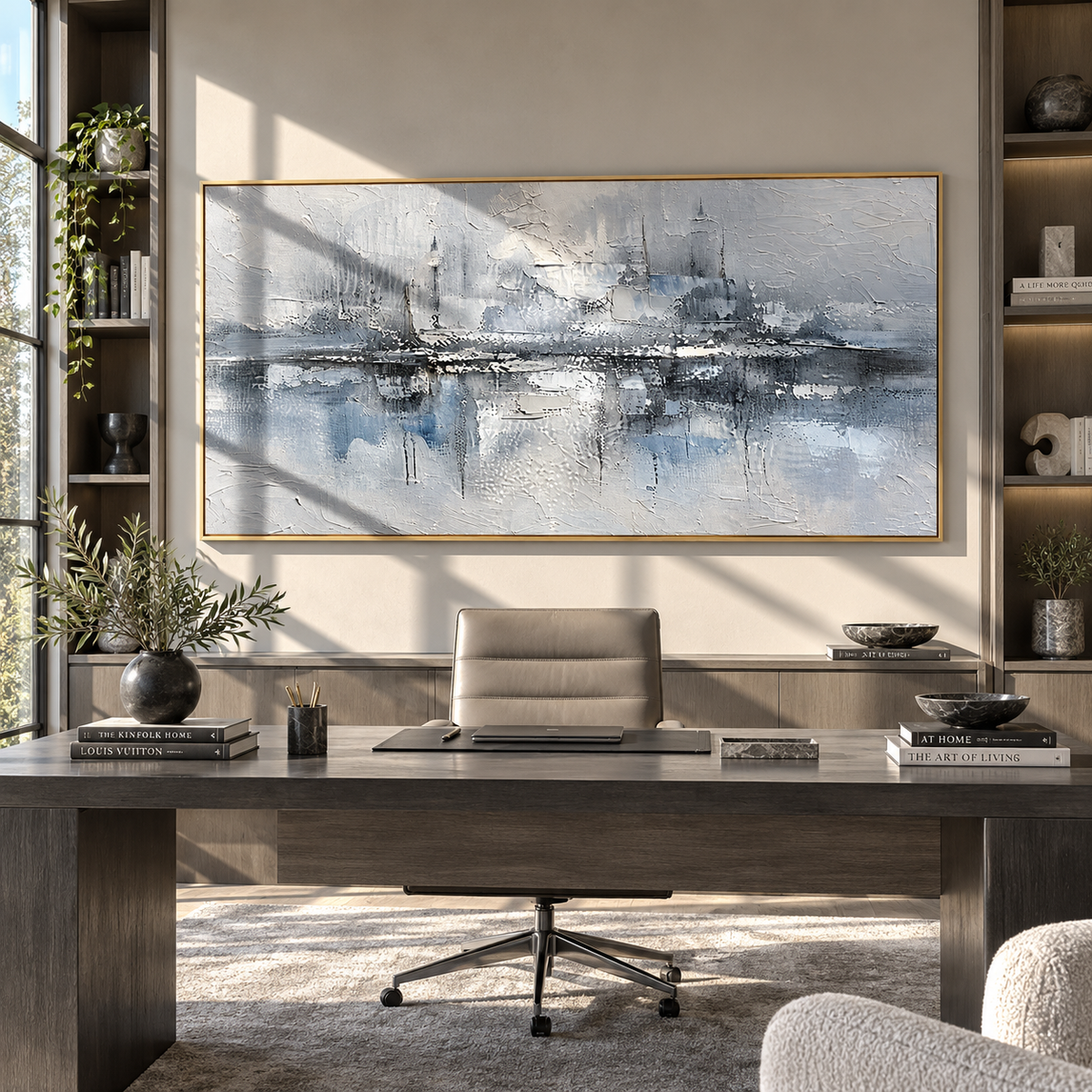 Harbor Forms in Mist wide painting styled as a refined focal point