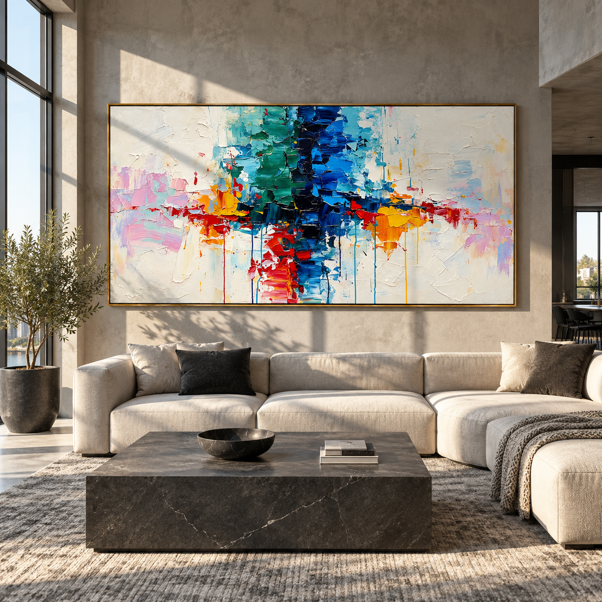 Color Crosses the Silence displayed with natural materials and modern decor
