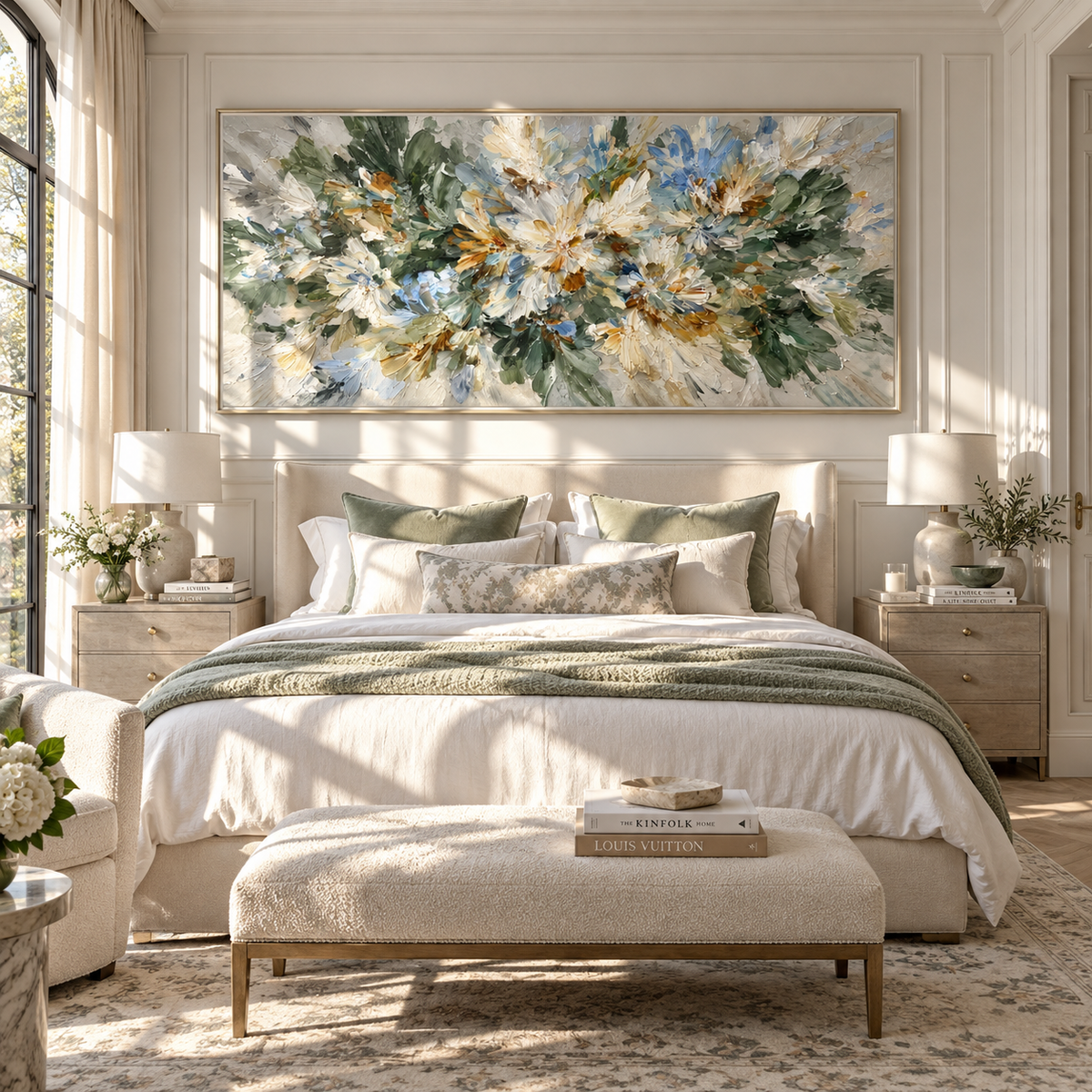 White Blossoms Gather white green floral textured painting displayed in a modern interior