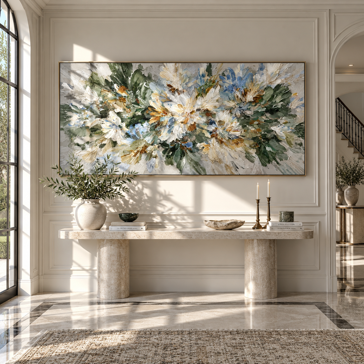 White Blossoms Gather textured wall art shown above contemporary furnishings