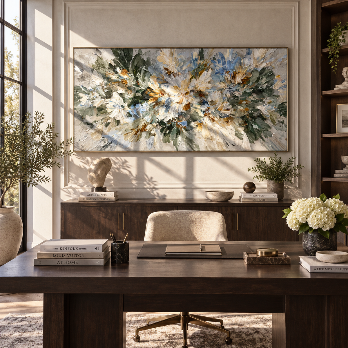 White Blossoms Gather displayed with natural materials and modern decor