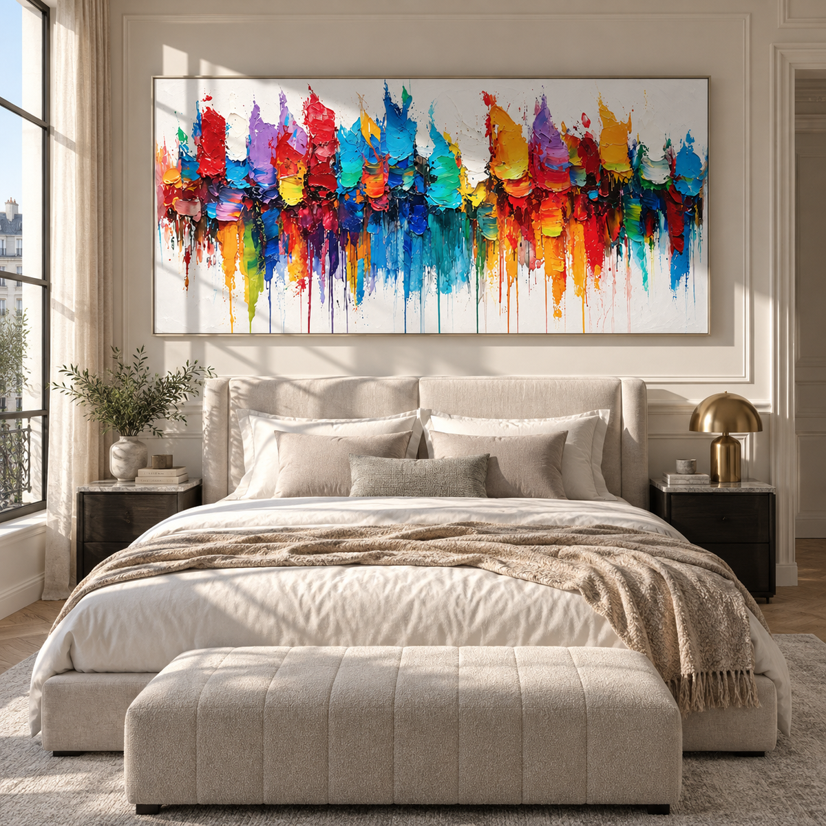 Painted City Reflections colorful skyline abstract painting displayed in a modern interior