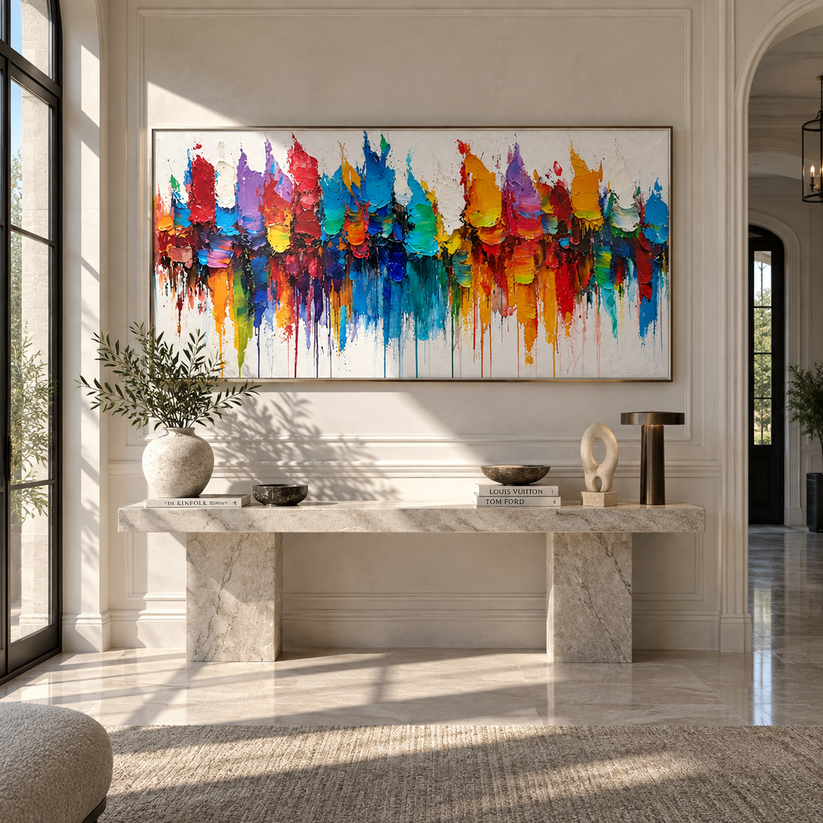 Painted City Reflections textured wall art shown above contemporary furnishings