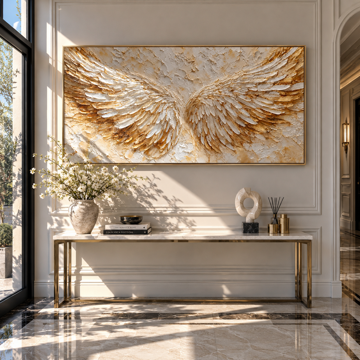 Wings Open Into Light textured wall art shown above contemporary furnishings