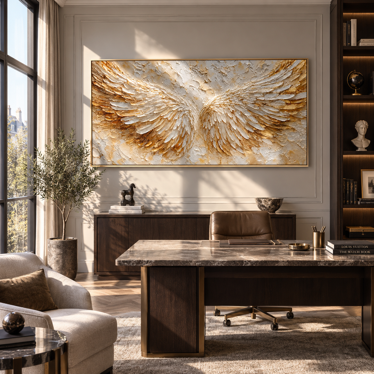 Wings Open Into Light displayed with natural materials and modern decor