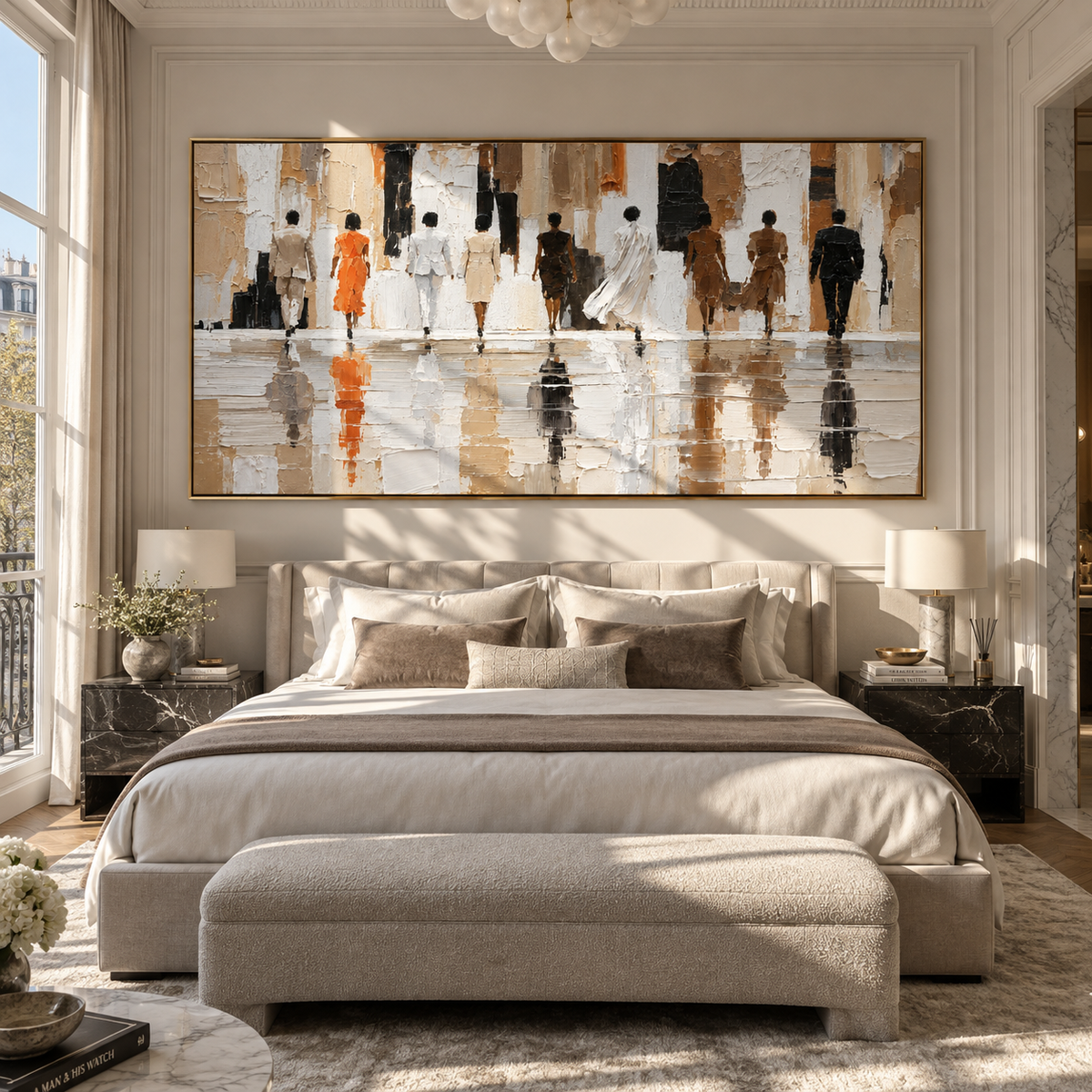 Figures Cross Rainlit Hall neutral figurative urban painting displayed in a modern interior