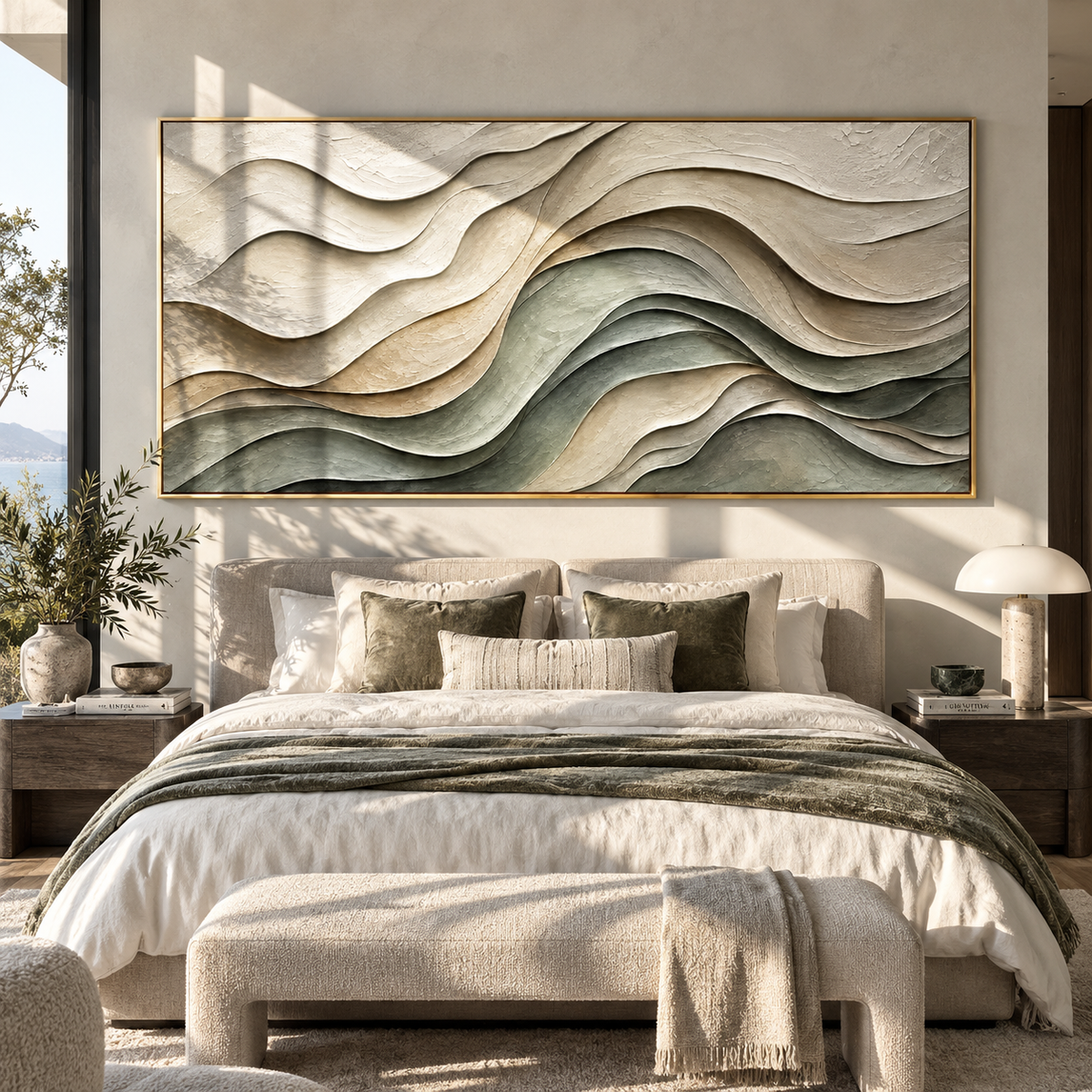 Sage Contours Fold sage beige layered relief painting displayed in a modern interior