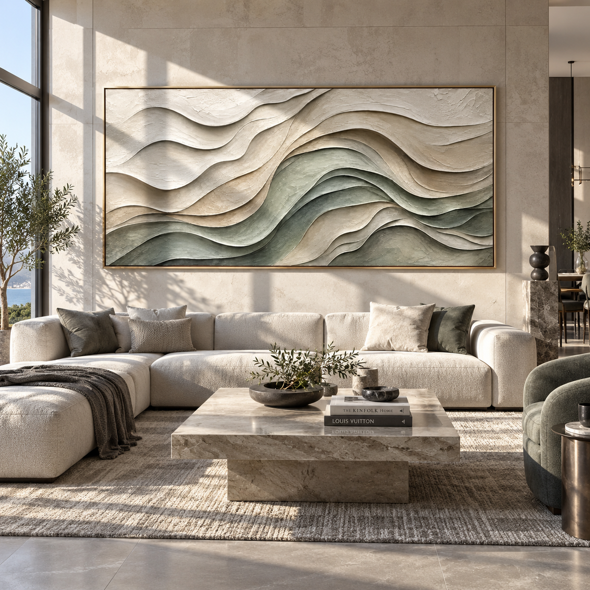 Sage Contours Fold wide painting styled as a refined focal point