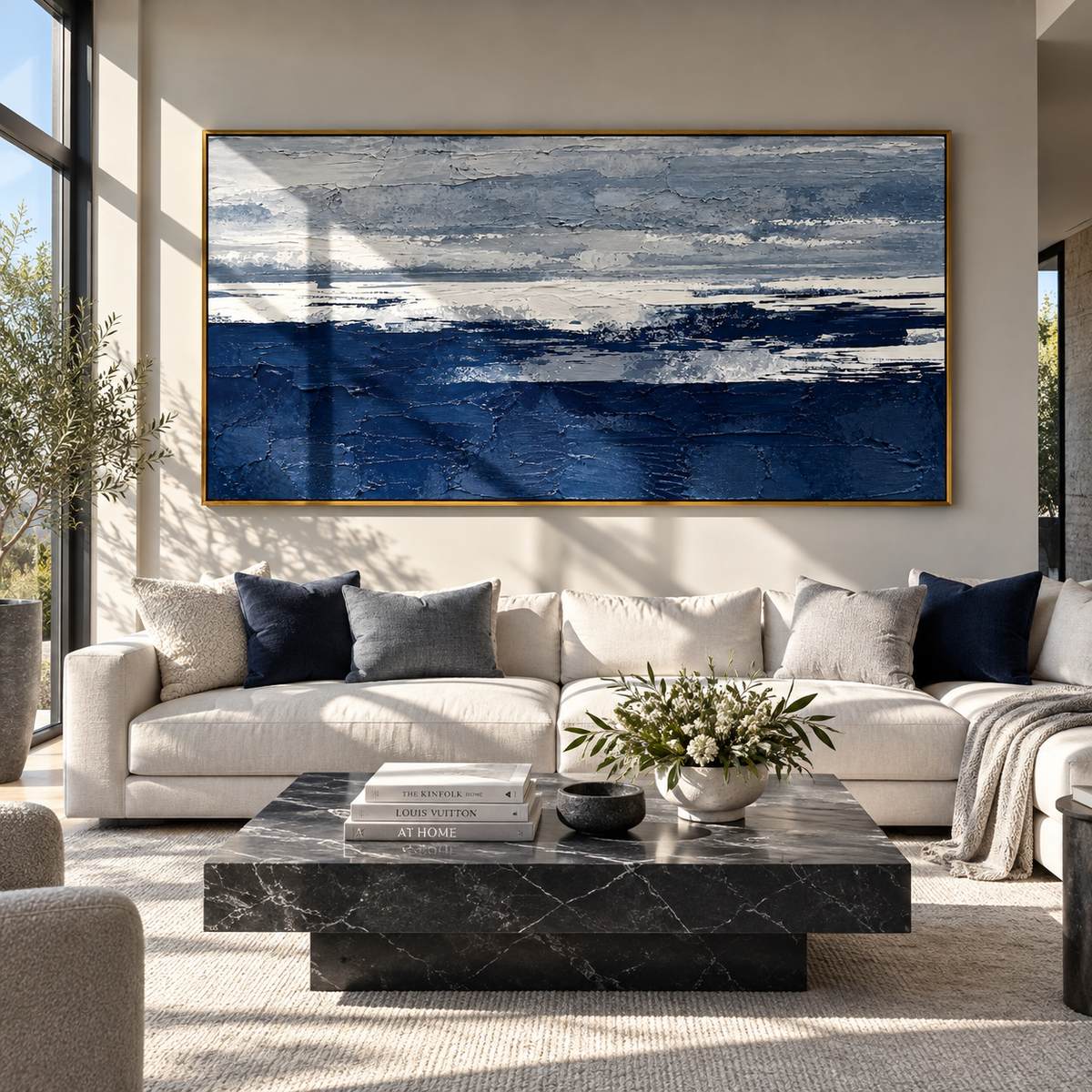 Deep Blue Shoreline navy white coastal abstract painting displayed in a modern interior