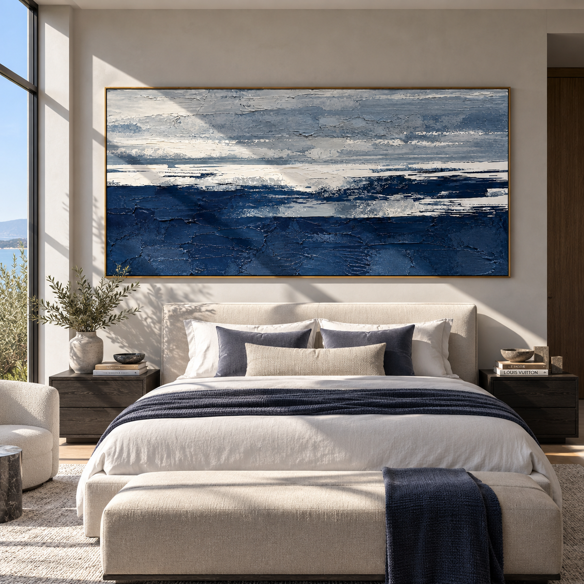 Deep Blue Shoreline textured wall art shown above contemporary furnishings