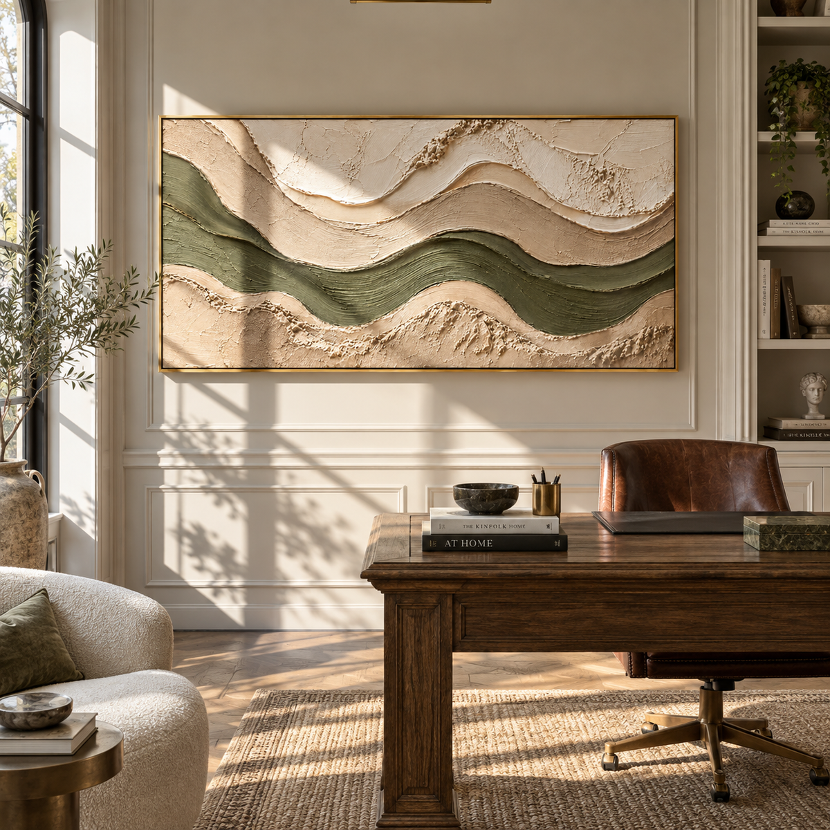 Olive River Between Sand olive beige organic abstract painting displayed in a modern interior