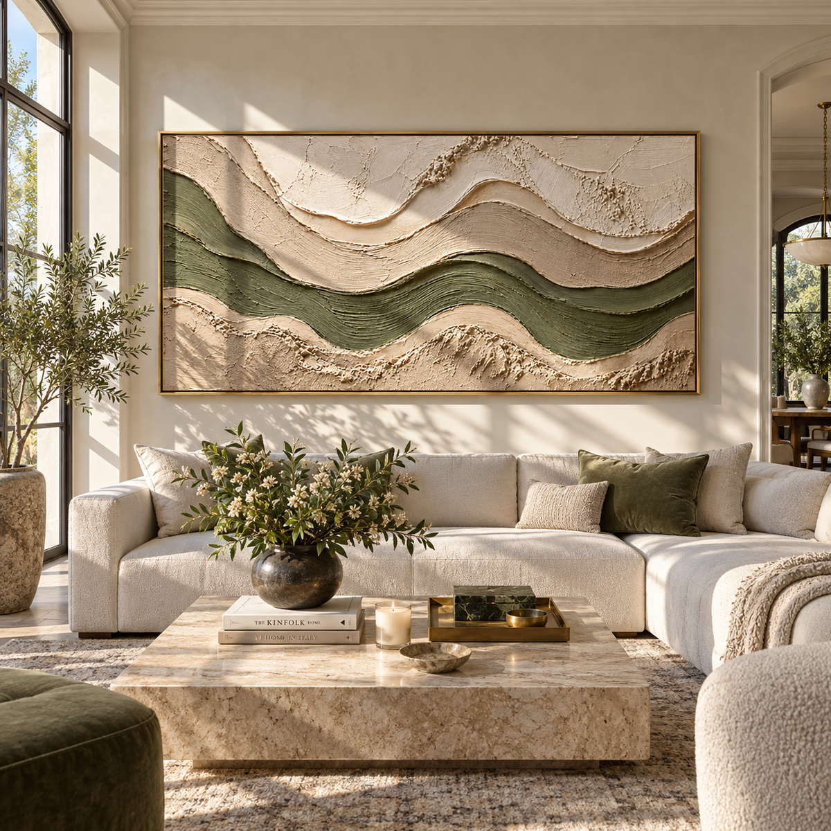 Olive River Between Sand displayed with natural materials and modern decor