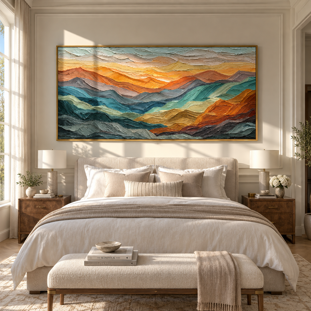 Mountains Carry Sunset colorful layered mountain painting displayed in a modern interior
