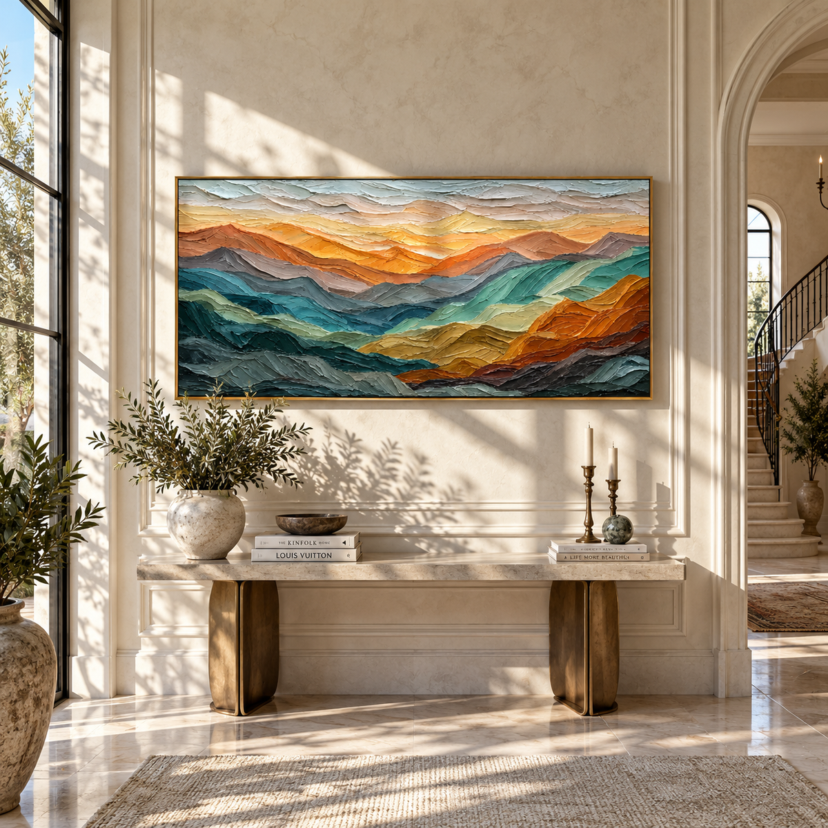 Mountains Carry Sunset textured wall art shown above contemporary furnishings