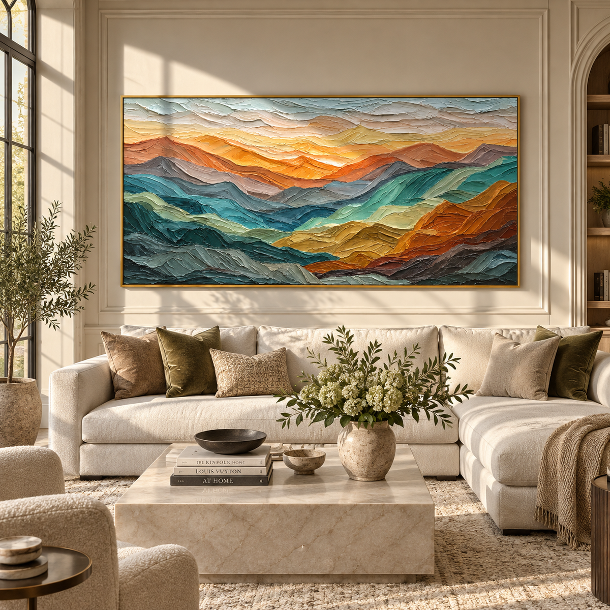 Mountains Carry Sunset wide painting styled as a refined focal point