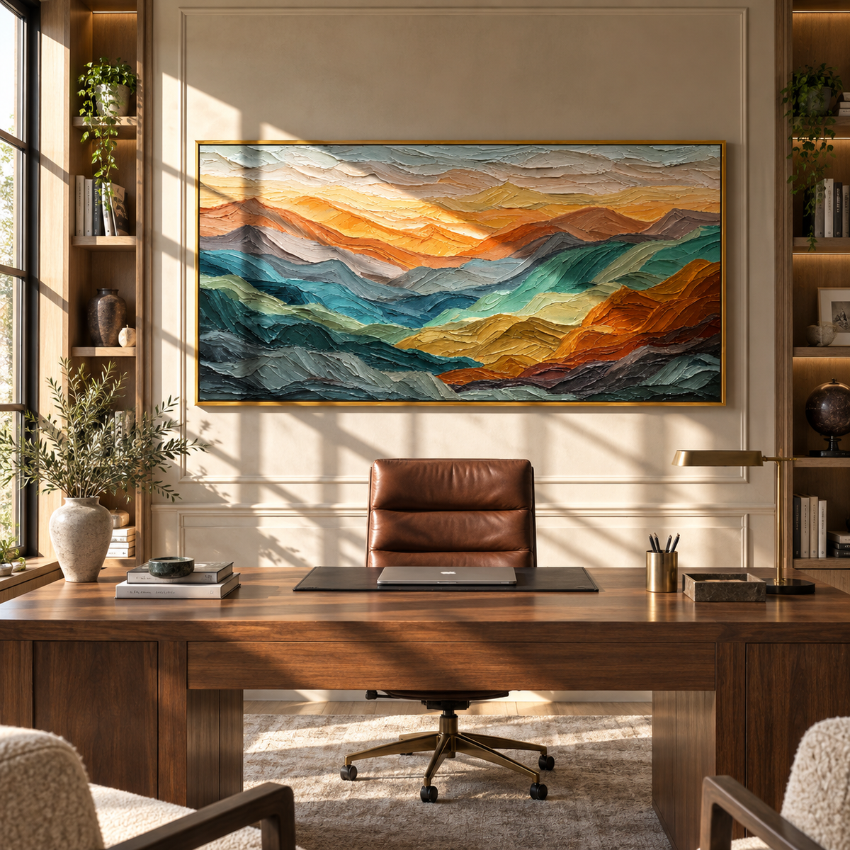 Mountains Carry Sunset displayed with natural materials and modern decor