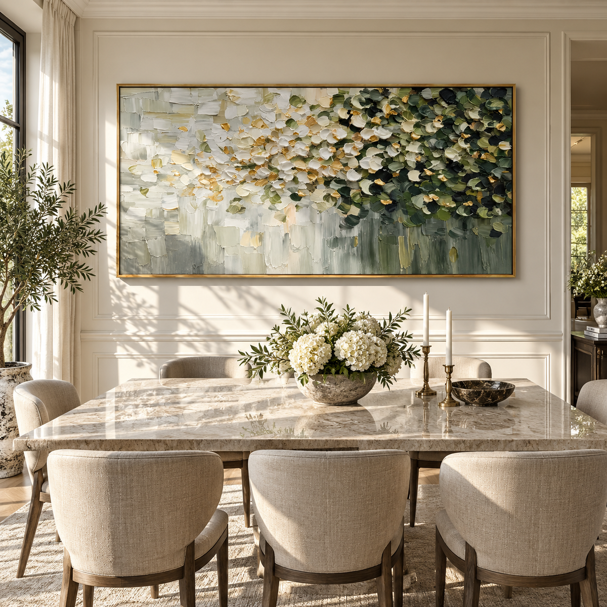 Blossoms Fade Into Green white green blossom painting displayed in a modern interior