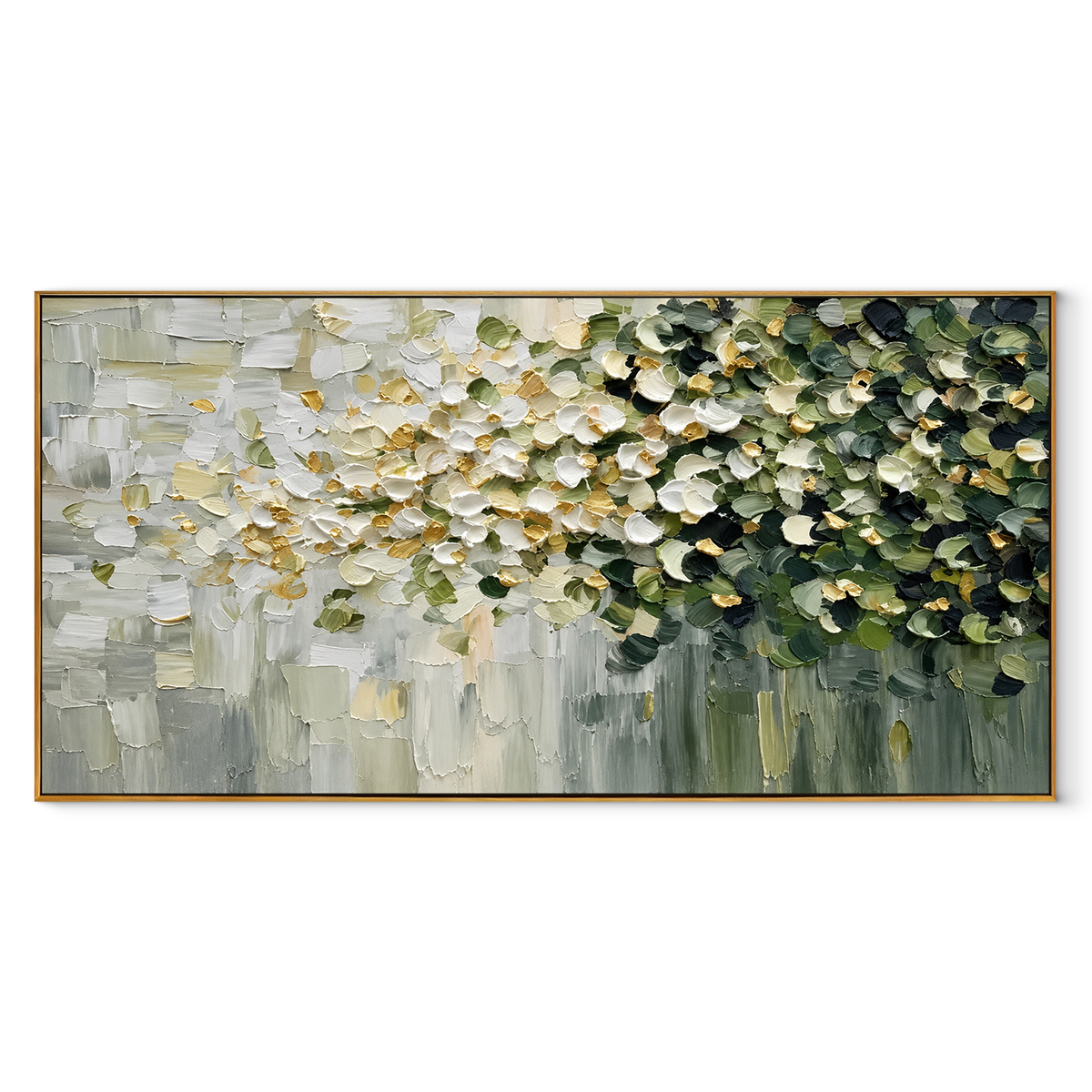 Blossoms Fade Into Green panoramic canvas artwork in a wood frame on white