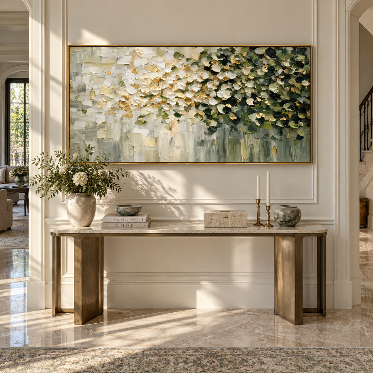 Blossoms Fade Into Green displayed with natural materials and modern decor