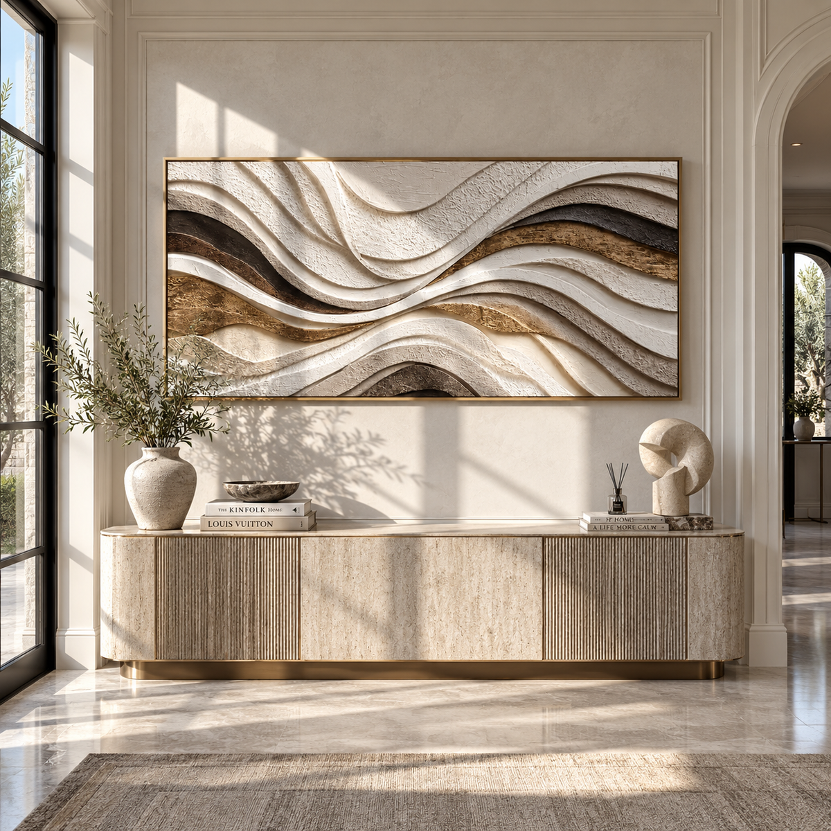 Earth Ribbons Interlace brown white layered abstract painting displayed in a modern interior