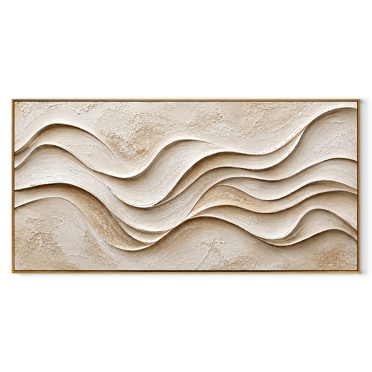 Ivory Waves Keep Time panoramic canvas artwork in a wood frame on white