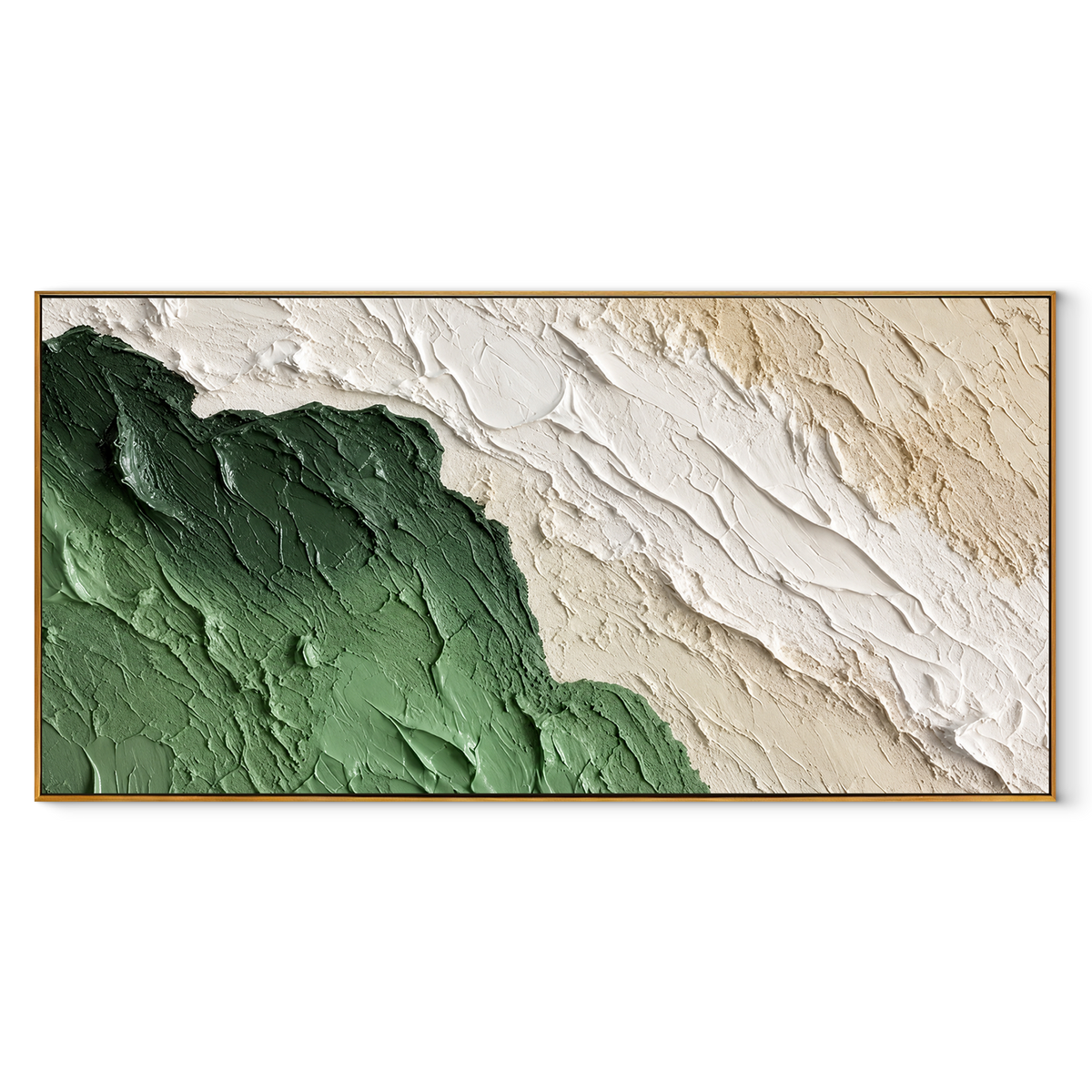 Green Field Meets Plaster panoramic canvas artwork in a wood frame on white