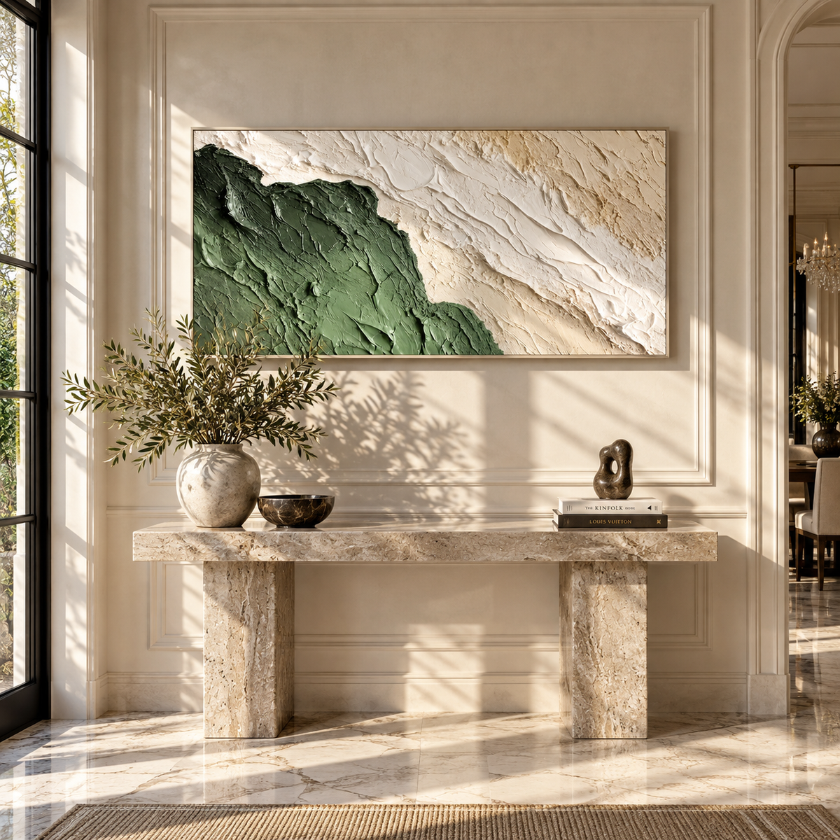 Green Field Meets Plaster textured wall art shown above contemporary furnishings