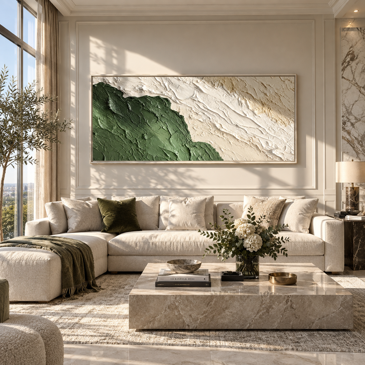 Green Field Meets Plaster displayed with natural materials and modern decor