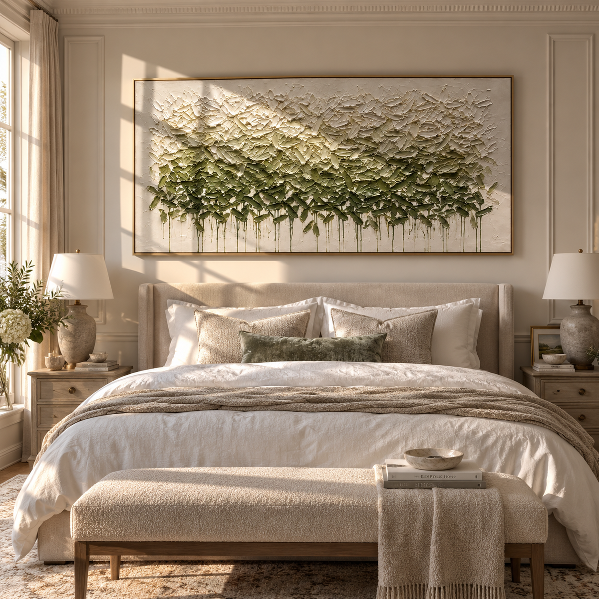 Forest Canopy Drips green white tree texture painting displayed in a modern interior