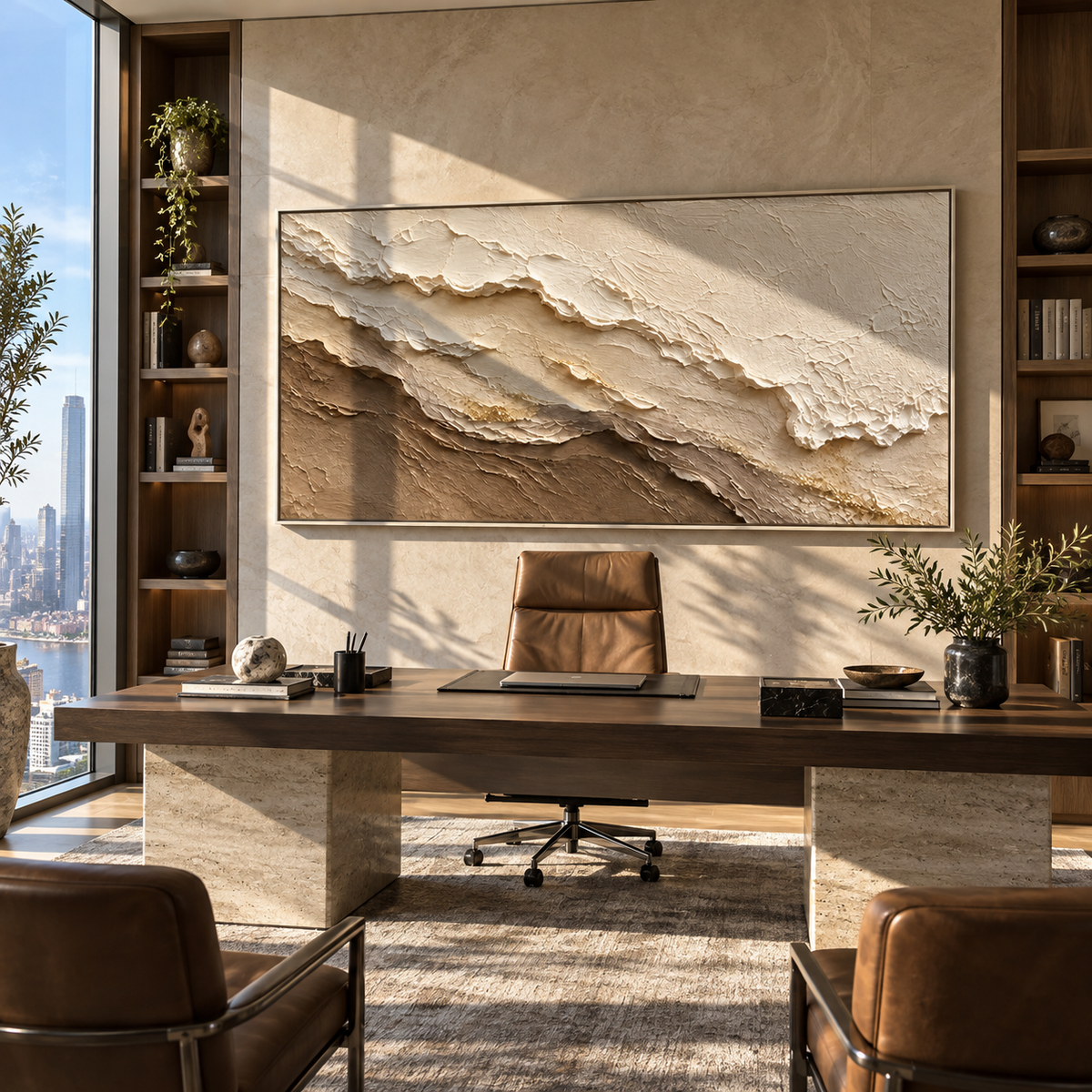 Stone Banks Drift textured wall art shown above contemporary furnishings