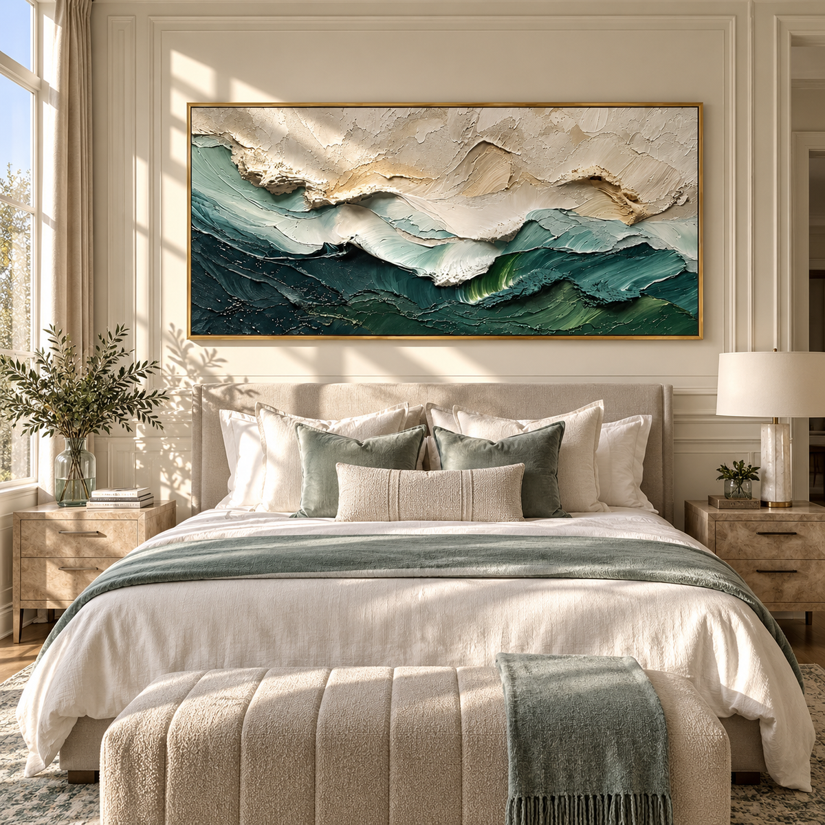 Emerald Breakers Rise emerald white wave abstract painting displayed in a modern interior