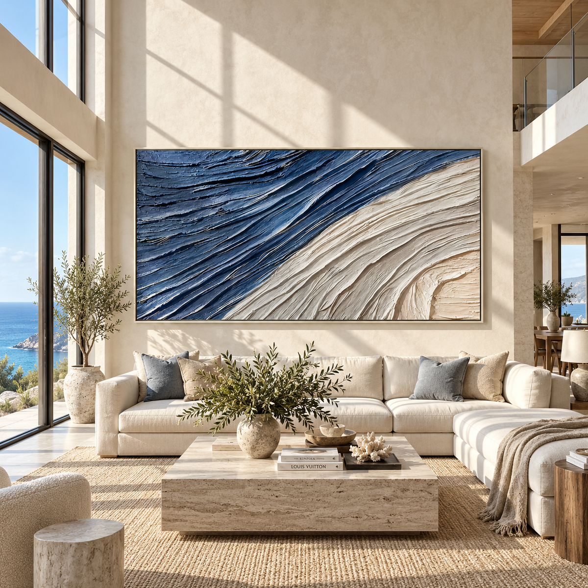 Indigo Current Turns indigo white flowing abstract painting displayed in a modern interior