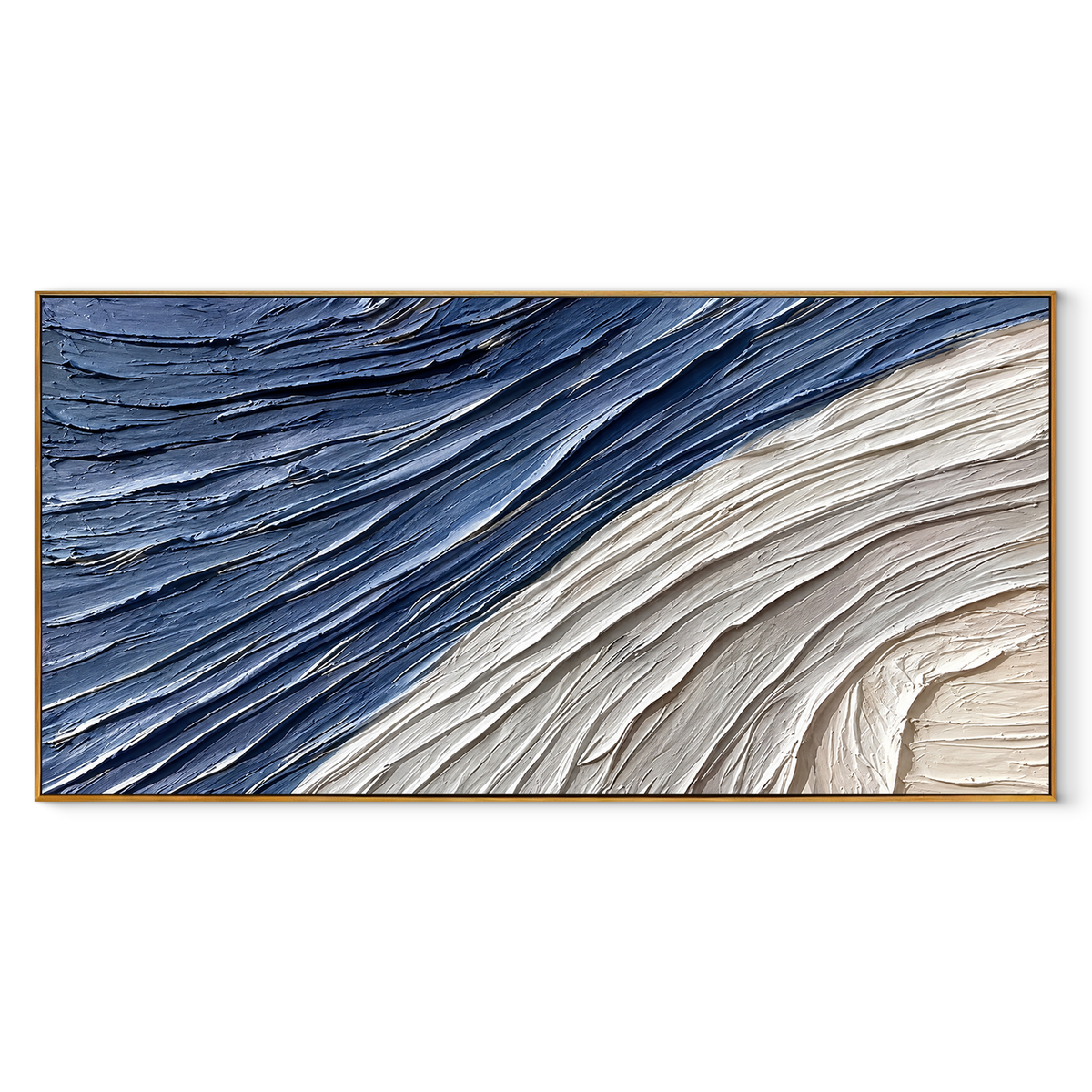 Indigo Current Turns panoramic canvas artwork in a wood frame on white