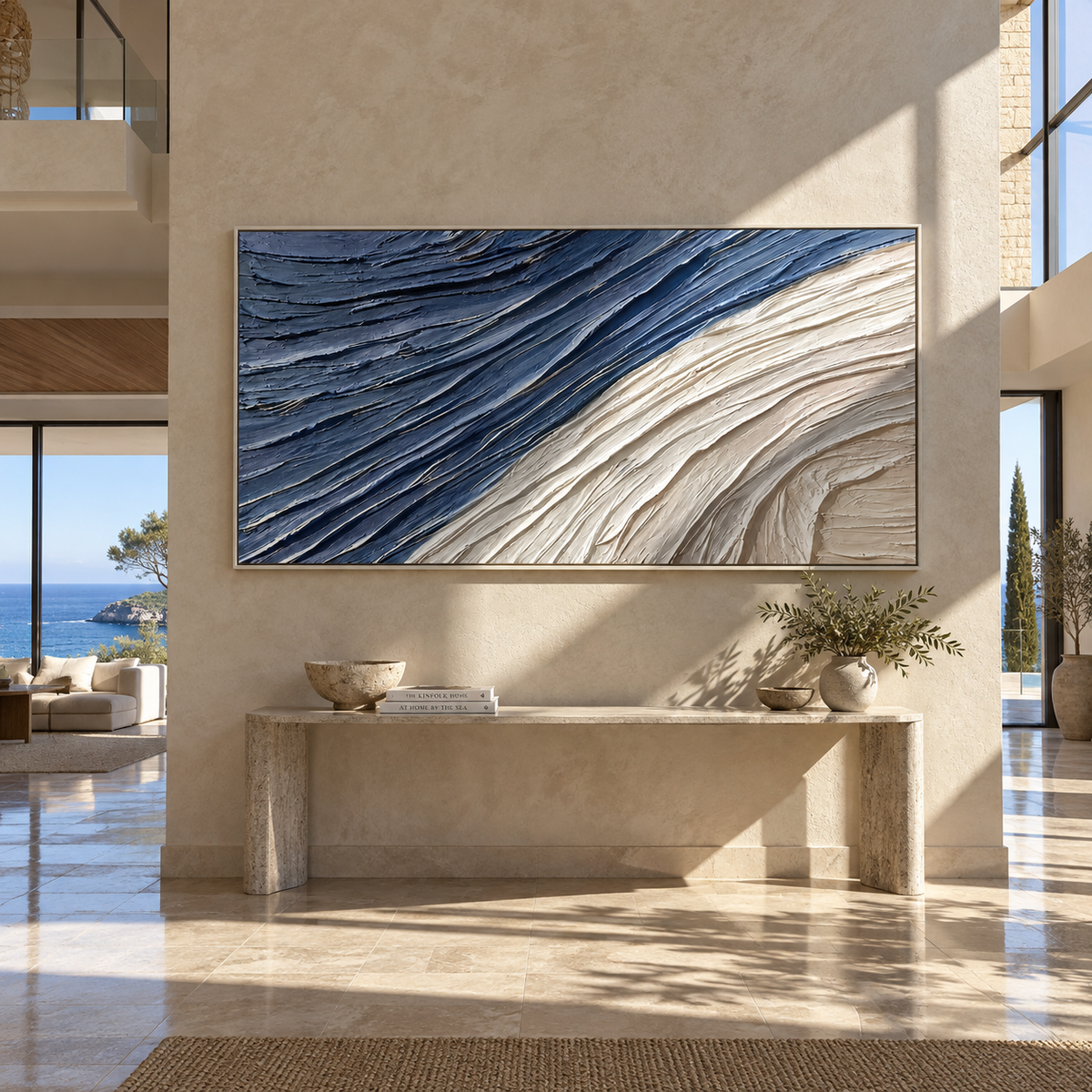 Indigo Current Turns textured wall art shown above contemporary furnishings