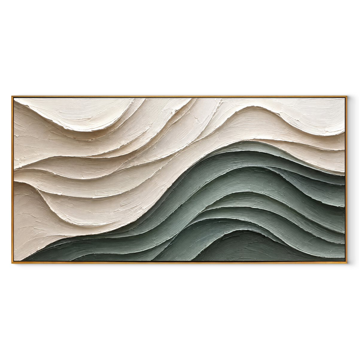 Sage Layers Under Ivory panoramic canvas artwork in a wood frame on white