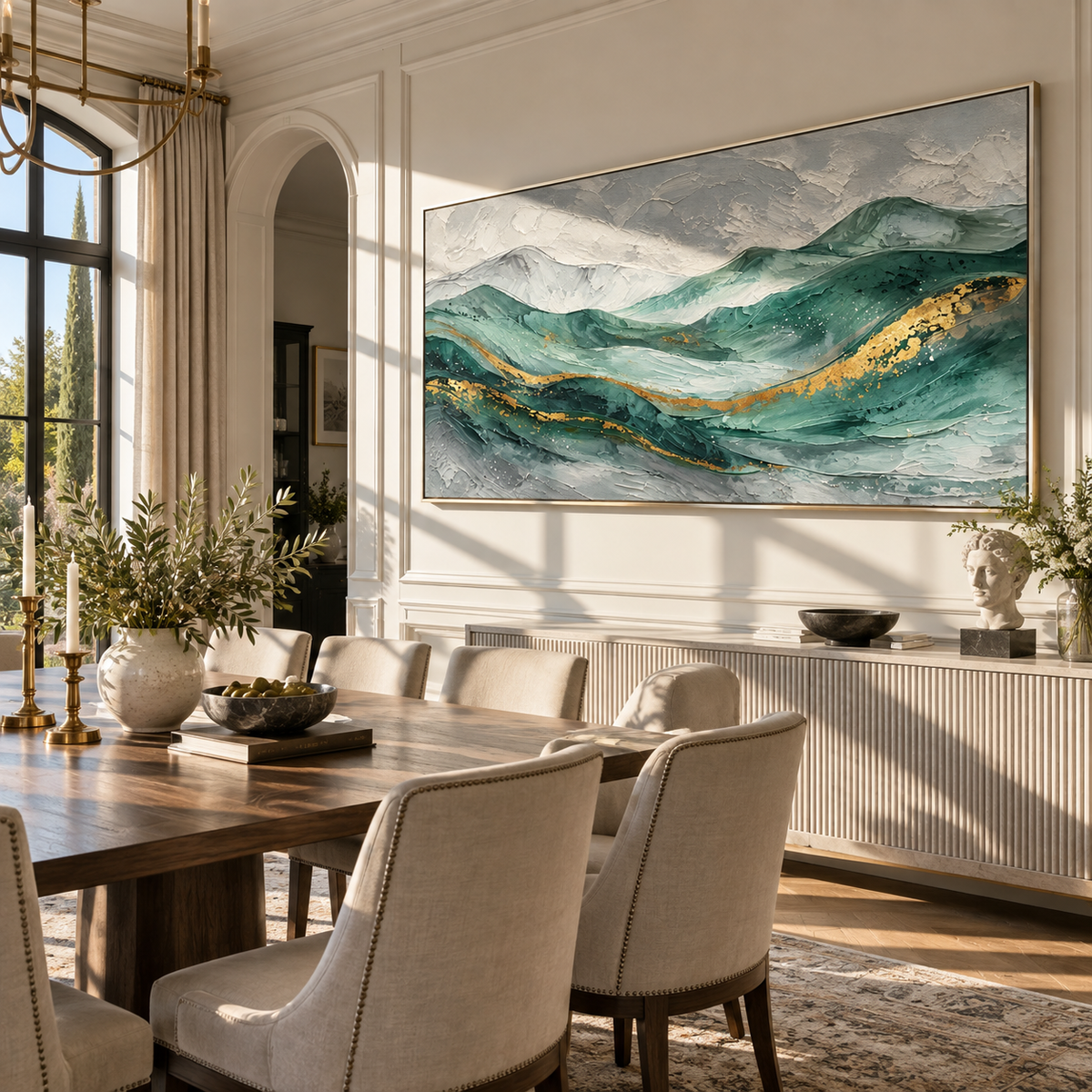 Gold Through Emerald Tides green gold flowing abstract painting displayed in a modern interior