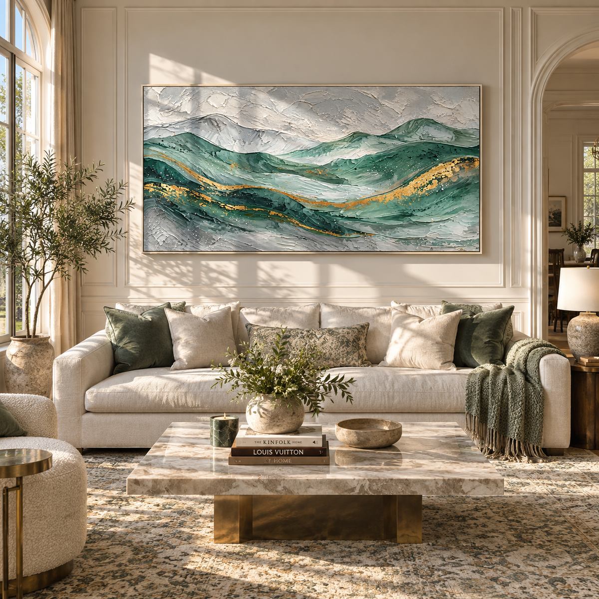Gold Through Emerald Tides textured wall art shown above contemporary furnishings