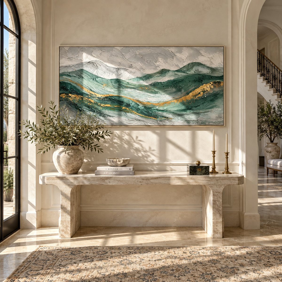 Gold Through Emerald Tides wide painting styled as a refined focal point