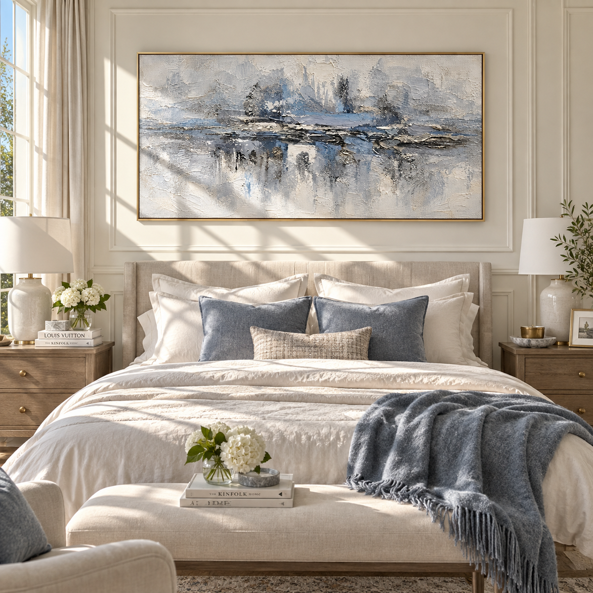 Mist Holds Distant Trees gray blue mist landscape painting displayed in a modern interior