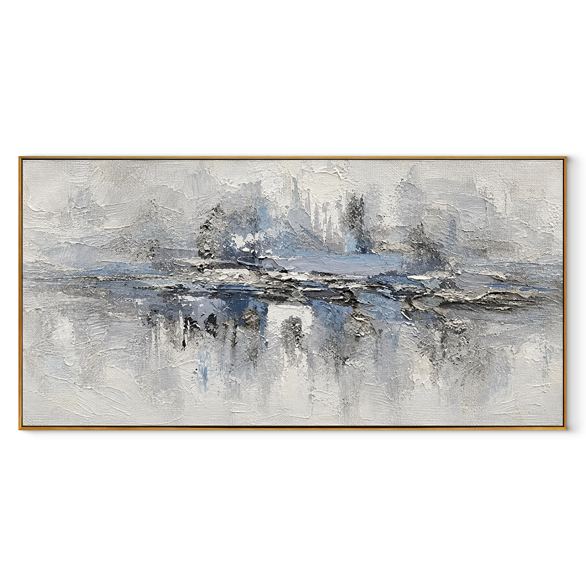 Mist Holds Distant Trees panoramic canvas artwork in a wood frame on white