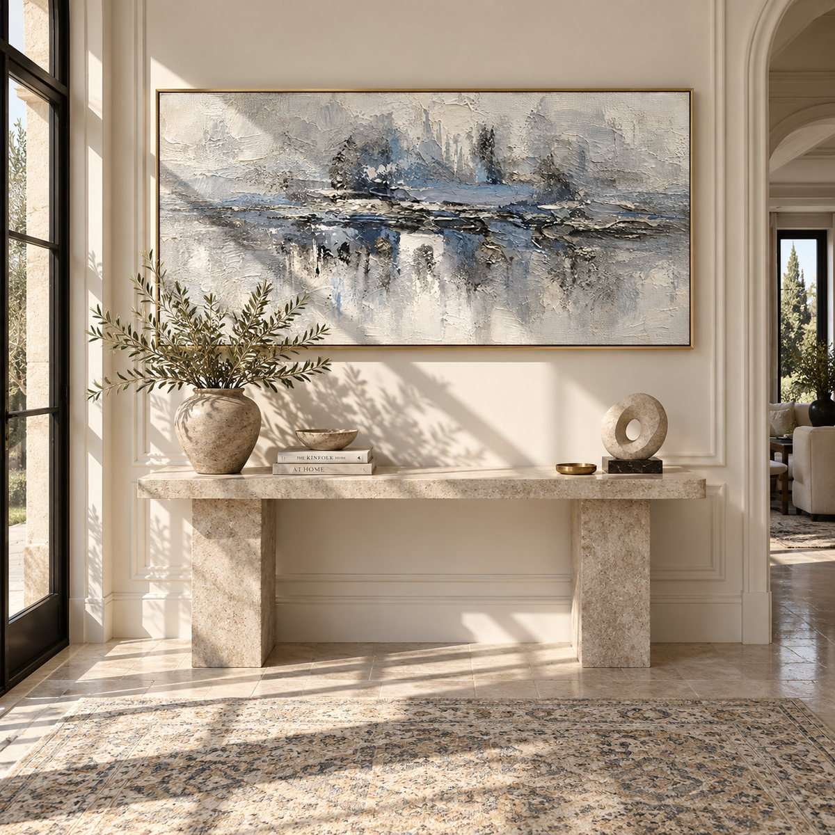 Mist Holds Distant Trees textured wall art shown above contemporary furnishings