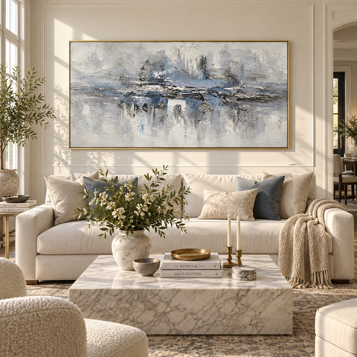 Mist Holds Distant Trees displayed with natural materials and modern decor