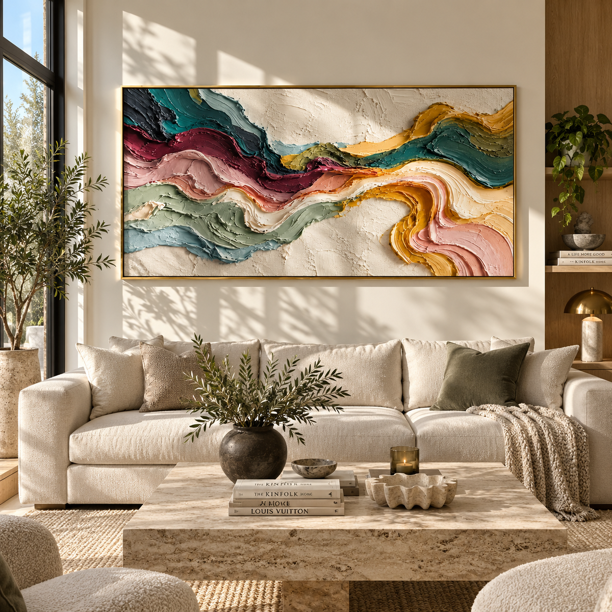 Color Rivers Through Ivory wide painting styled as a refined focal point