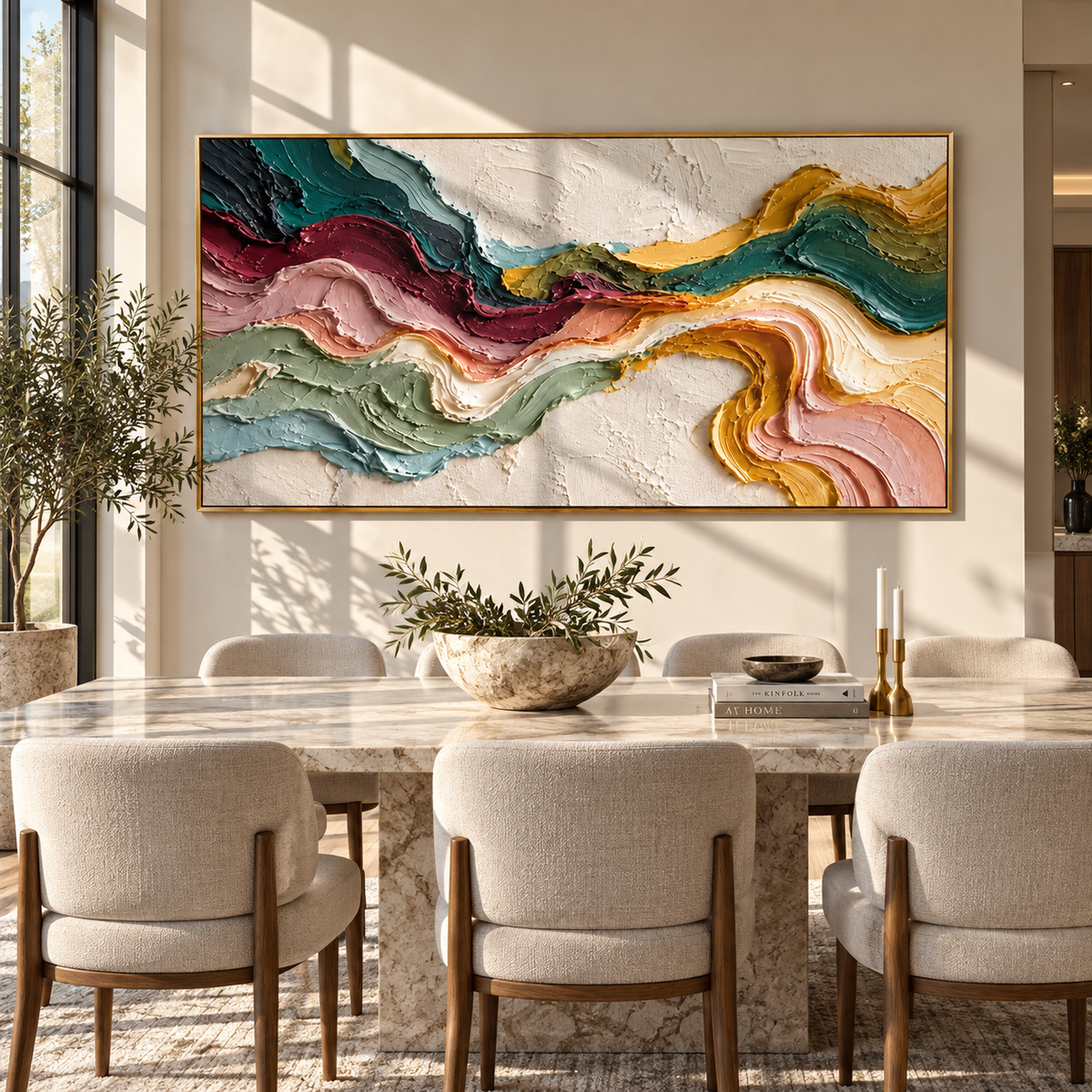 Color Rivers Through Ivory displayed with natural materials and modern decor