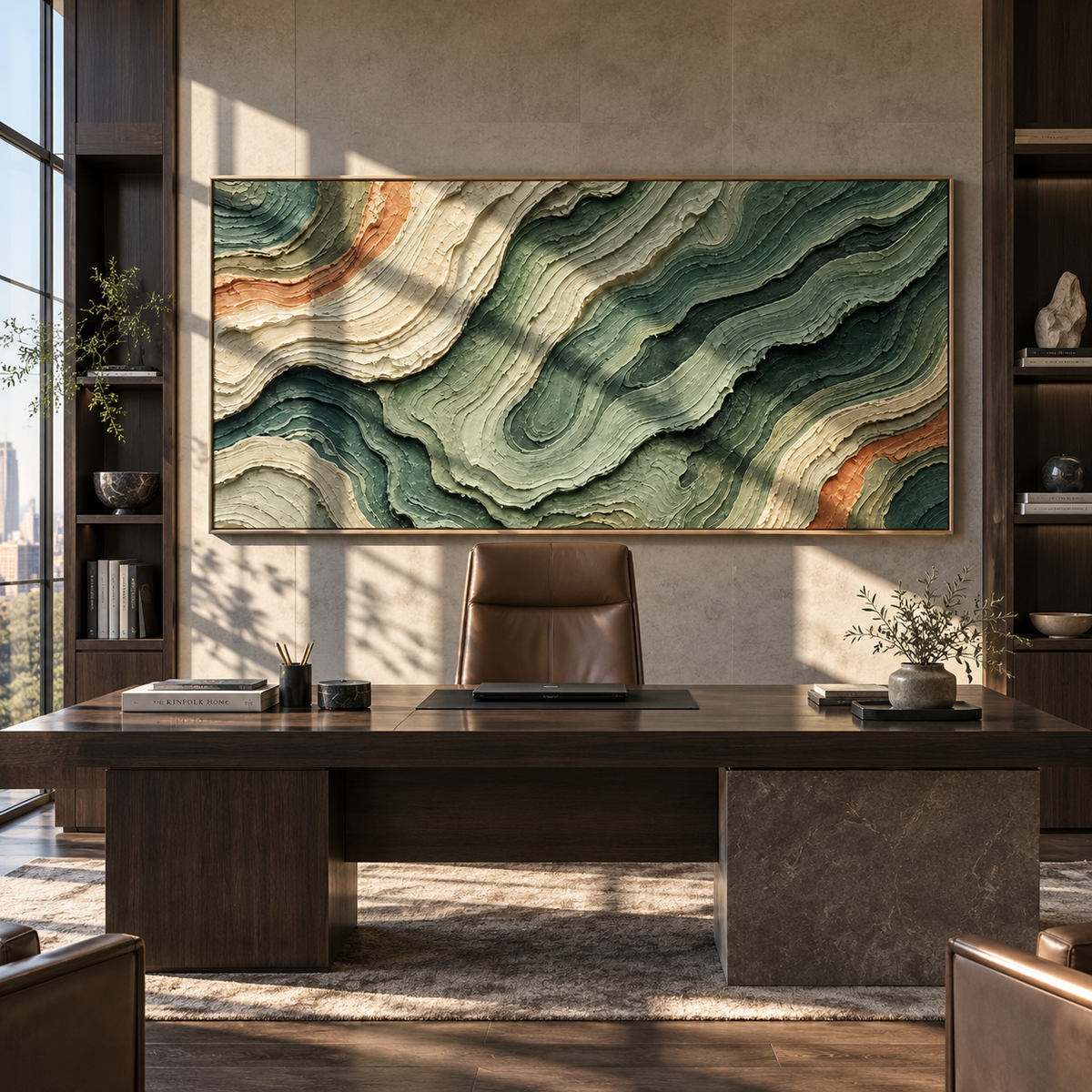 Forest Strata Drift green beige organic layered painting displayed in a modern interior