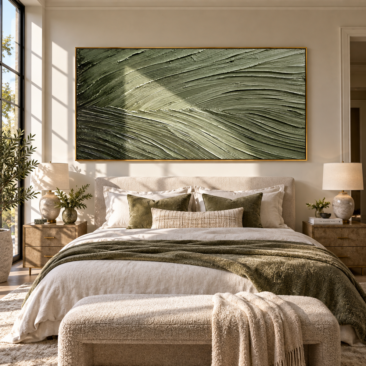 Olive Wind Lines olive green minimalist texture painting displayed in a modern interior