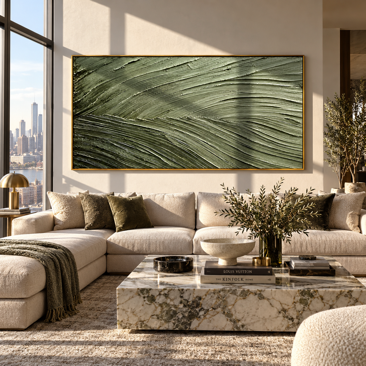 Olive Wind Lines wide painting styled as a refined focal point