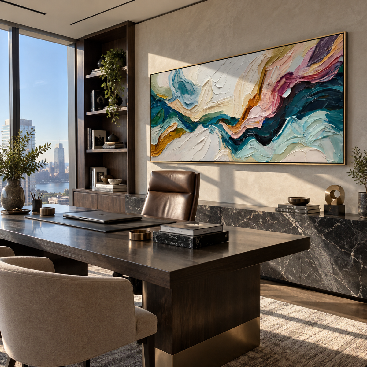 Color Cliffs Gather Light textured wall art shown above contemporary furnishings