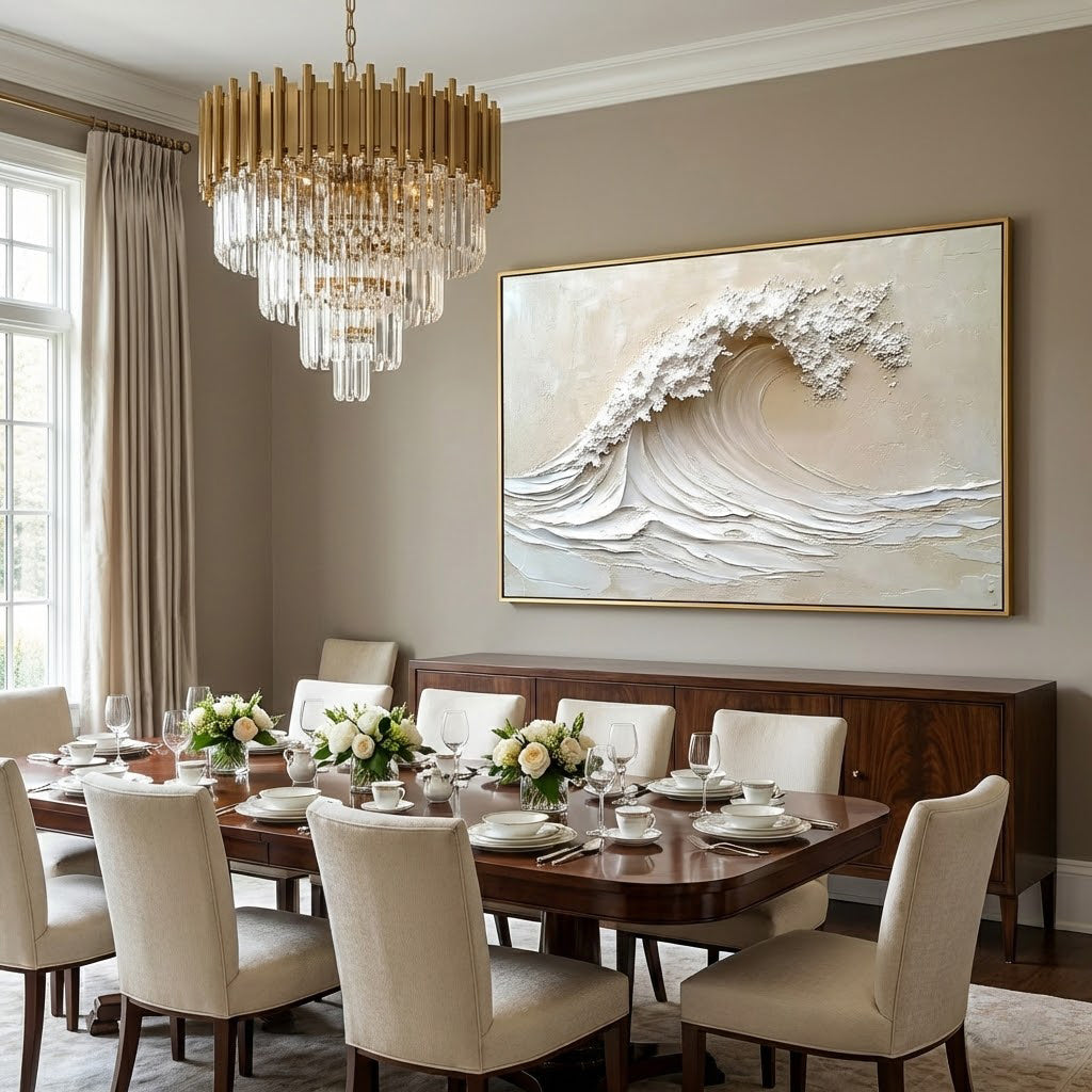 Ivory Surge – Hand-Painted Creamy White Ocean Wave Plaster Relief Texture Painting | Coastal Modern Living Room & Bedroom Art