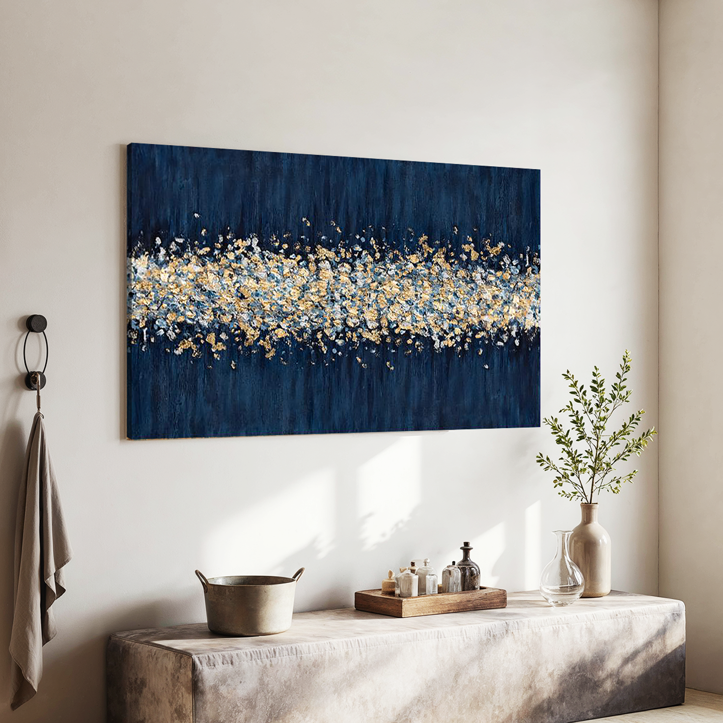 Celestial Tide – Hand-Painted Navy Blue and Gold Foil Abstract Texture Painting | Modern Abstract Living Room & Office Art